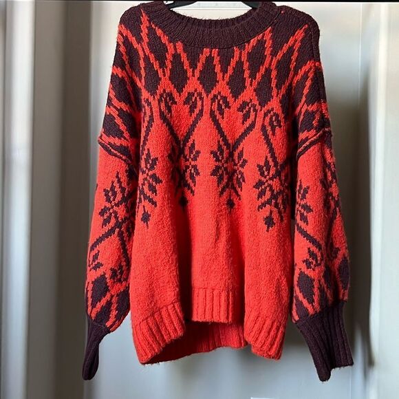 Free People Red Fireside Tunic Sweater Pullover Crewneck Sz Small - Picture 2 of 4